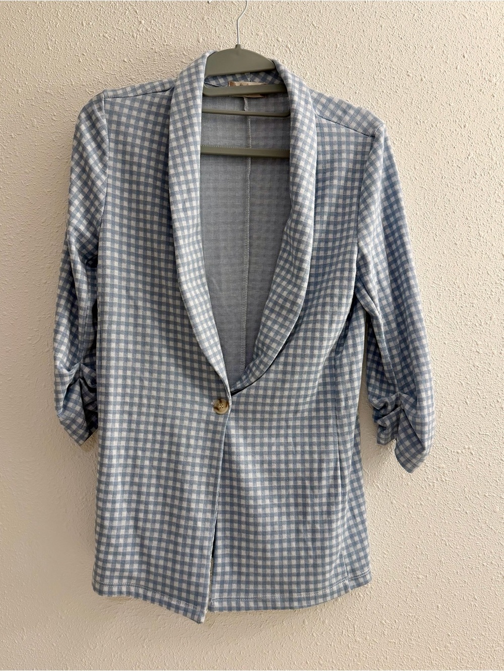 Altar'd State Light Blue Gingham Shawl Collar Blazer